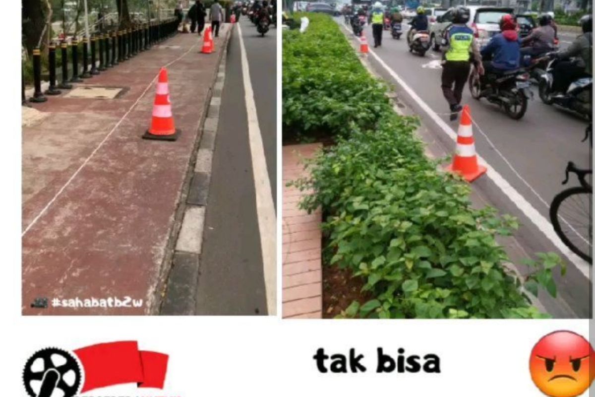 Sebuah foto beredar di media sosial yang menunjukkan anggota Polisi dan TNI tengah meminggirkan traffic cone pembatas antara jalur sepeda dan kendaraan bermotor.  Foto tersebut salah satunya diunggah oleh akun Instagram @b2w_Indonesia pada Senin (15/6/2020).
