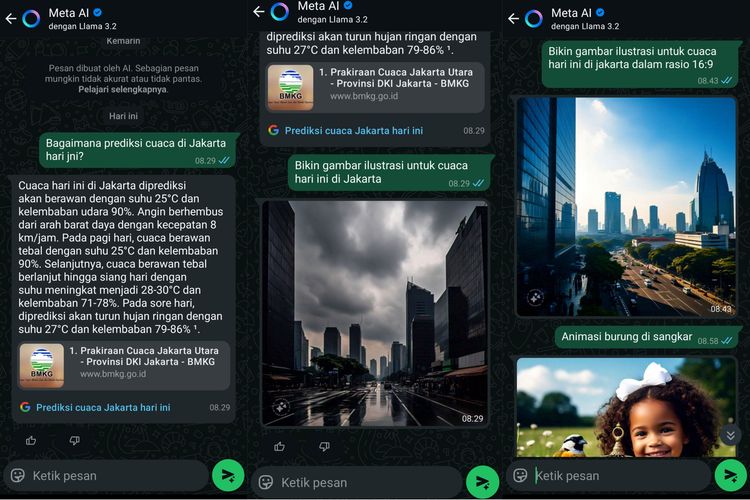 Chatbot Meta AI di WhatsApp dapat menjawab pertanyaan pengguna, membuat animasi foto, dan menghasilkan gambar secara real-time.
