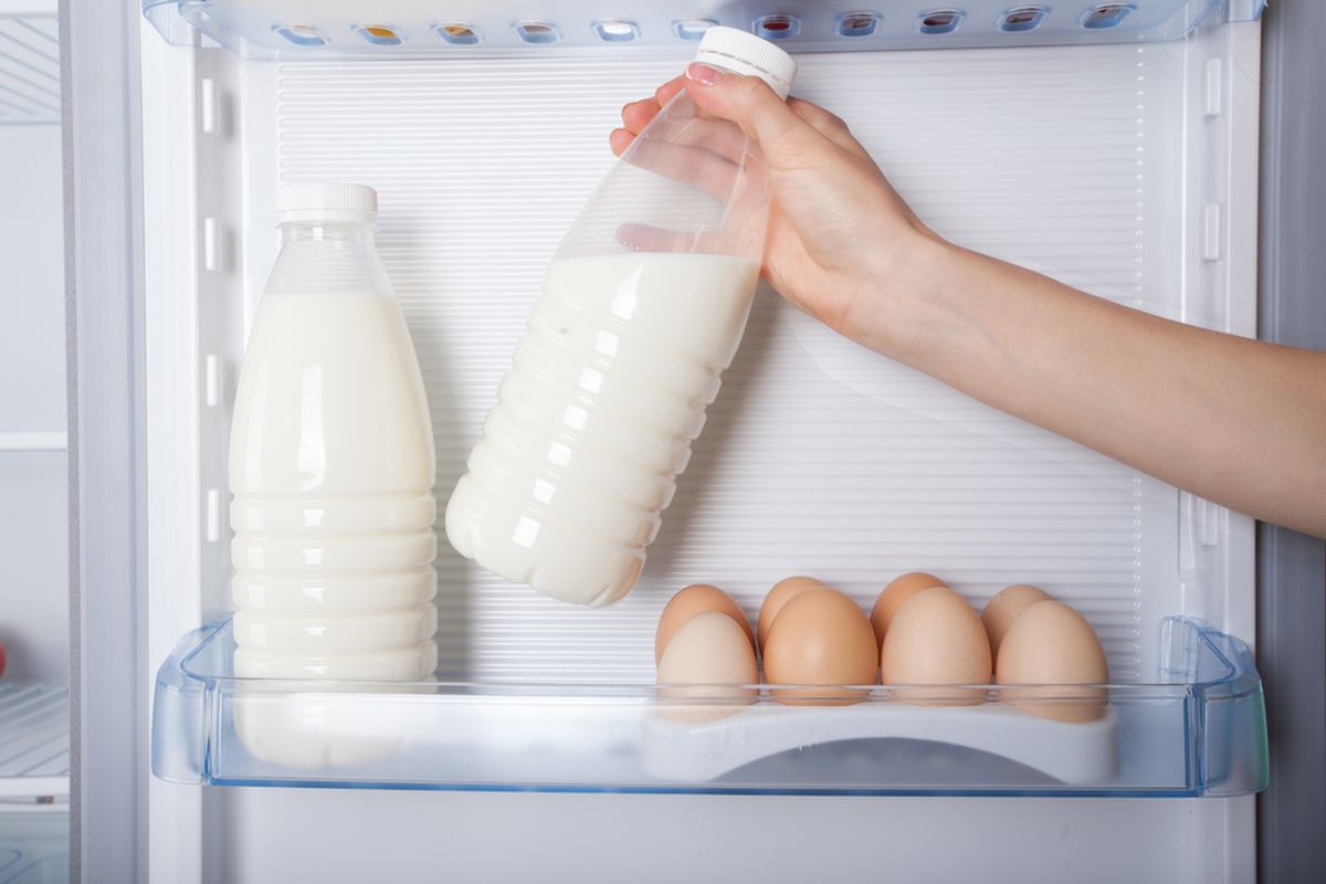 Ilustrasi susu di kulkas, menyimpan susu di kulkas. 