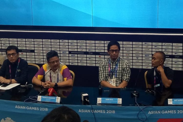 Konferensi pers seremoni penutupan Asian Games di JCC, Senin (27/8/2018). 