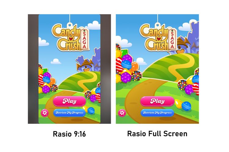 Saat pertama kali diunduh dan dibuka, game buatan King tersebut secara otomatis berjalan menggunakan tampilan vertikal (rasio 9:16) ala smartphone, meski sudah dibuka di layar utama berukuran 7,6 inci. Namun, bisa diubah ke full screen agar lebih enak dipandang.