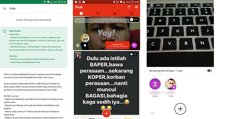 Fitur video Coverstory muncul di Path versi 6.0.0 di Android. Untuk menggunakannya, klik tombol play di pojok kanan bawah foto profil (gambar tengah). Sebuah layar baru berisi kumpulan video Coverstories milik pengguna dan milik teman-teman akan ditampilkan (layar kanan).