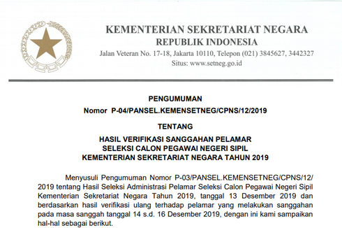 Kemensetneg dan Setkab Umumkan Hasil Sanggah CPNS 2019, Ini Informasinya