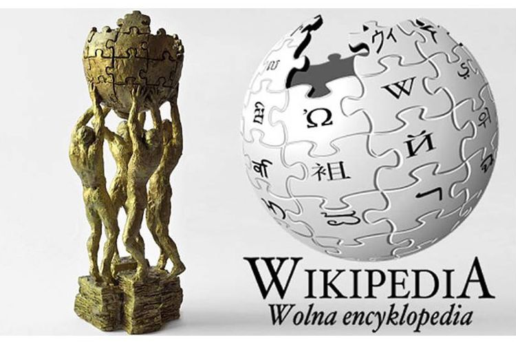 Sebuah model patung (kiri) yang akan terdiri dari empat tokoh yang memegang simbol Wikipedia