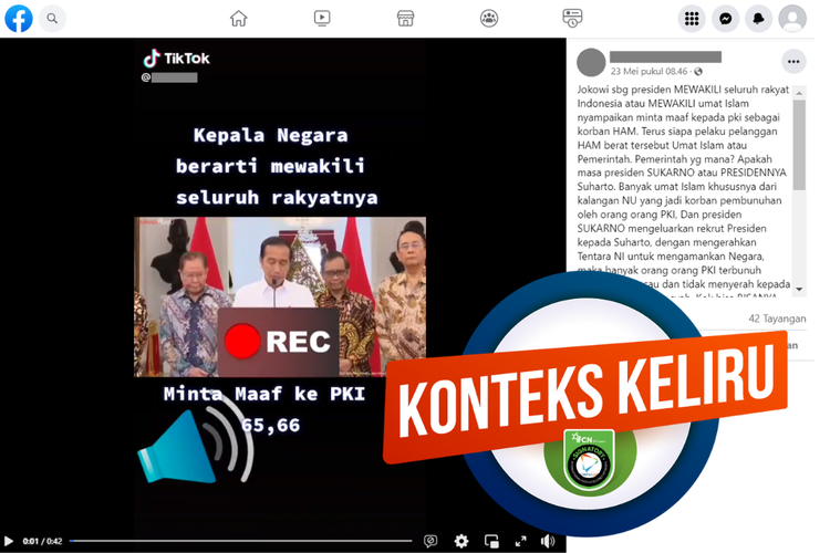 Tangkapan layar unggahan dengan narasi salah di sebuah akun Facebook, Selasa (23/5/2023), soal video Jokowi meminta maaf kepada PKI.