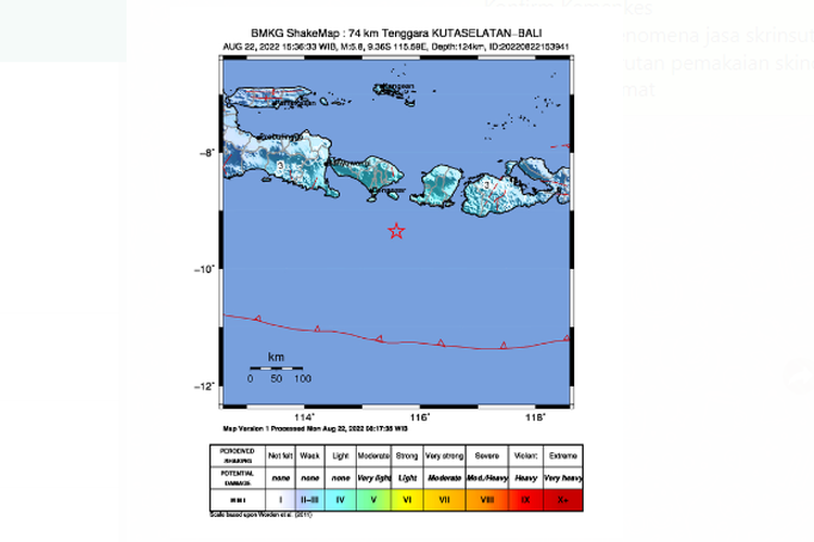 Gempa bumi berkekuatan magnitudo 5,8 mengguncang Kabupaten Kuta Selatan, Bali dan sekitarnya pada Senin (22/8/2022) pukul 15.36.33 WIB.