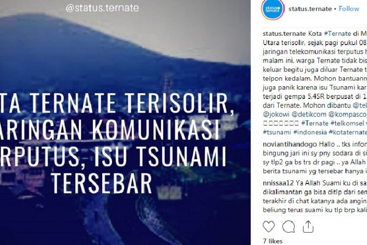 Ternate terisolir, dalam status di Instagram @status.ternate pada Rabu (26/12/2018). 