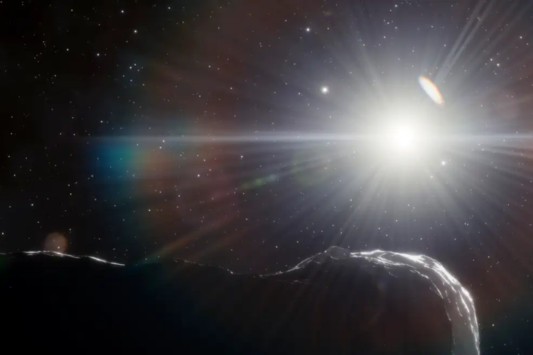 Ilustrasi asteroid melintas di depan Matahari.
