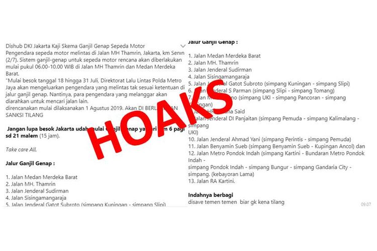 Hoaks, pesan penerapan ganjil genap untuk motor di DKI
