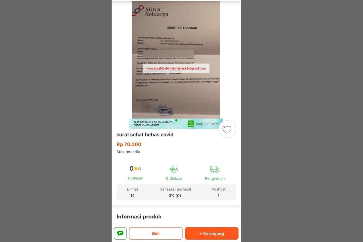 Tangkapan layar dari e-commerce Tokopedia terkait jual beli surat sehat bebas Covid-19 viral di media sosial. Pihak Tokopedia mengakui barang tersebut sempat dijual, tetapi mereka langsung menindaklanjuti hal tersebut.