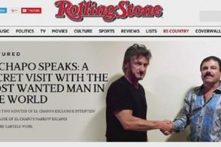 Sebuah foto yang dirilis majalah Rolling Stone di situs web-nya yang memperlihatkan aktor AS, Sean Penn, berjabatan tangan dengan Joaquin 