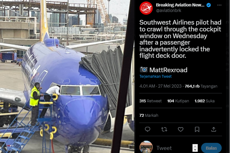 Tangkap layar pilot Southwest Airlines yang memanjat jendela depan pesawat demi membuka kokpit terkunci.