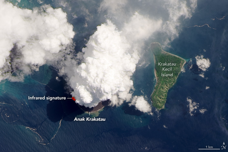 Citra satelit yang menunjukkan erupsi Gunung Anak Krakatau