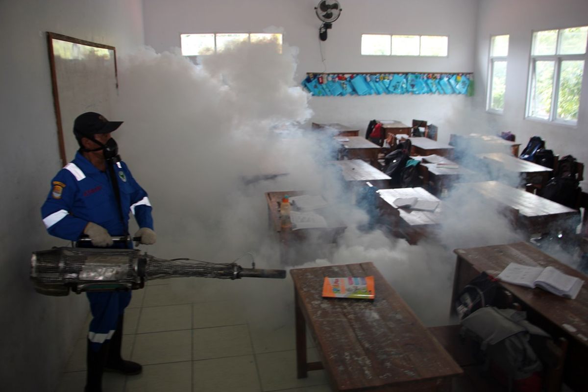 Seorang petugas melakukan Fogging Focus di salah satu sekolah di kelurahan perbutulan kecamatan sumber Kabupaten Cirebon, Jawa Barat, Kamis (24/1/2019). Ada sebanyak 230 kasus warga yang positif terserang DBD sejak tahun 2018 hingga awal 2019. 