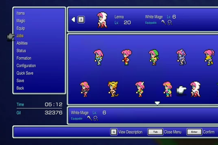 Pilihan job yang tersedia pada game Final Fantasy V Pixel Remaster.