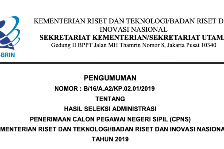 Pengumuman CPNS 2019 lingkungan Kemeristek/BRIN