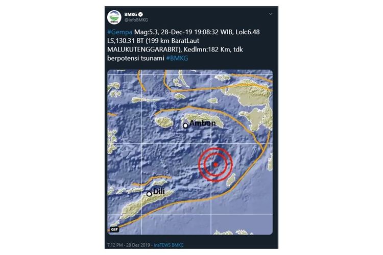 Gempa bumi berkekuatan 5,3 magnitudo mengguncang wilayah Kabupaten Maluku Tenggara Barat, Provinsi Maluku pada Sabtu (28/12/2019)