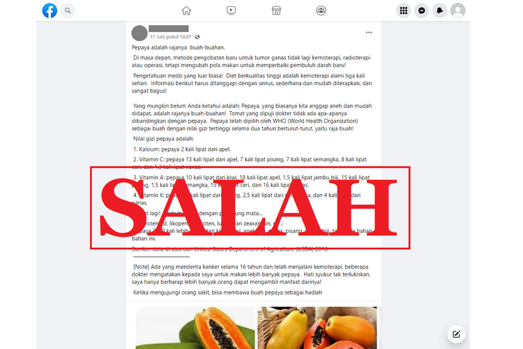 Tangkapan layar narasi menyesatkan di sebuah akun Facebook, 17 Juli 2022, yang menyebut bahwa WHO yang menetapkan pepaya sebagai buah dengan nilai gizi tertinggi.