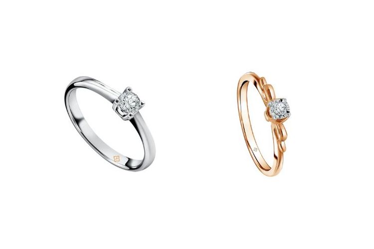 Koleksi cincin Solitaire dalam emas dan emas putih dari The Palace Jeweler. 