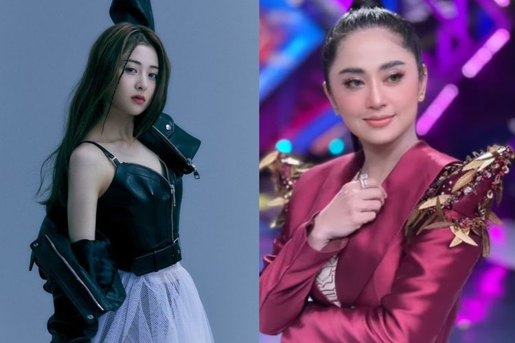 Huh Yunjin Le Sserafim (kiri) dan Dewi Perssik (kanan).