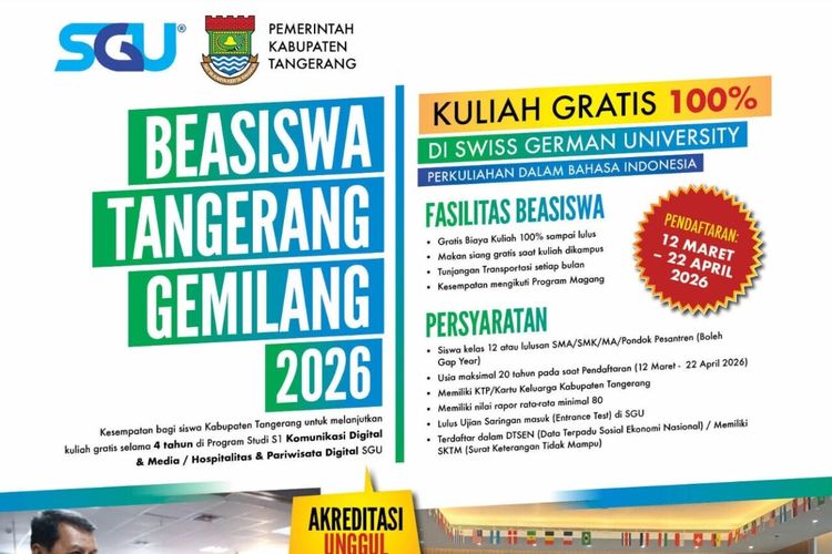 Beasiswa Kuliah Gratis dari Pemkab Tangerang-Swiss German University, Ini Syaratnya