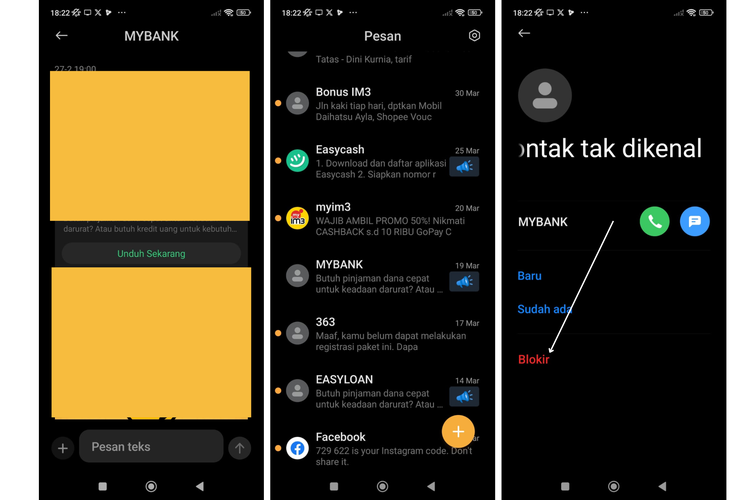 Ilustrasi blokir sms promosi bank di hp android