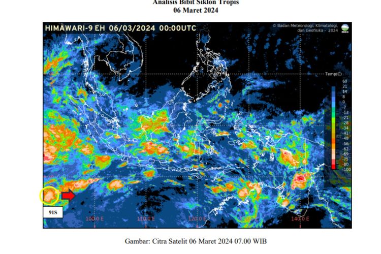 Badan Meteorologi, Klimatologi, dan Geofisika (BMKG) mendeteksi bibit siklon tropis 91S di sekitar wilayah Indonesia.