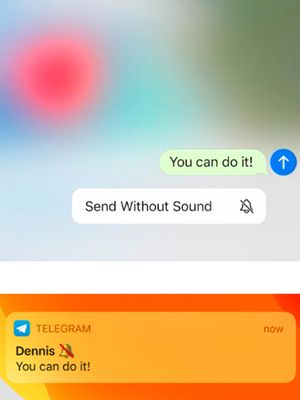 Opsi pengiriman Silent Messages di aplikasi telegram. Perangkat penerimanya tidak akan mengeluarkan notifikasi suara (gambar bawah).