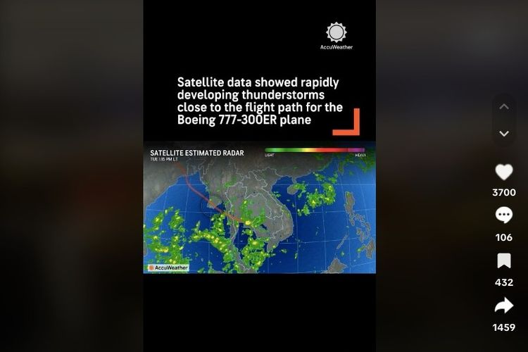 Data satelit AccuWeather deteksi adanya badai petir saat pesawat Singapore Airlines jenis Boeing 777-300 ER mengalami turbulensi parah ketika terbang dari Bandara Heathrow London, Inggris menuju Bandara Changi, Singapura, Selasa (21/5/2024).