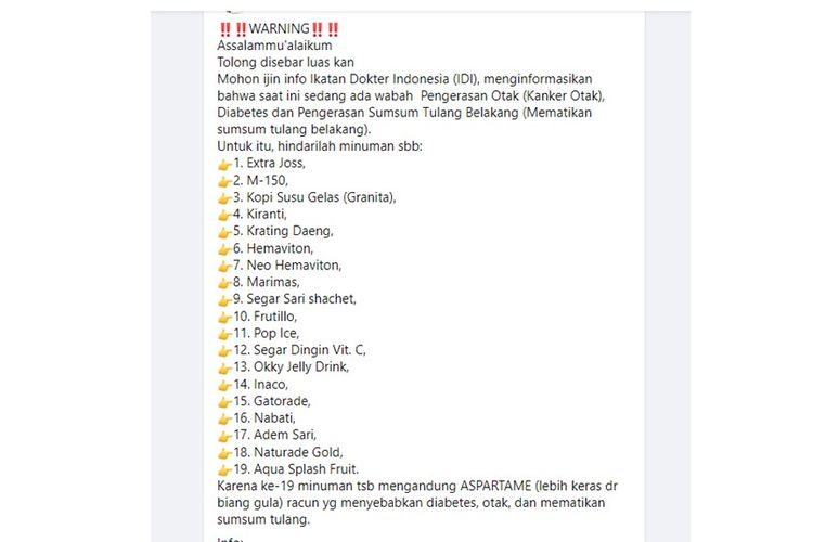 Unggahan hoaks berisi wabah pengerasan otak dan 19 merek minuman yang harus dihindari