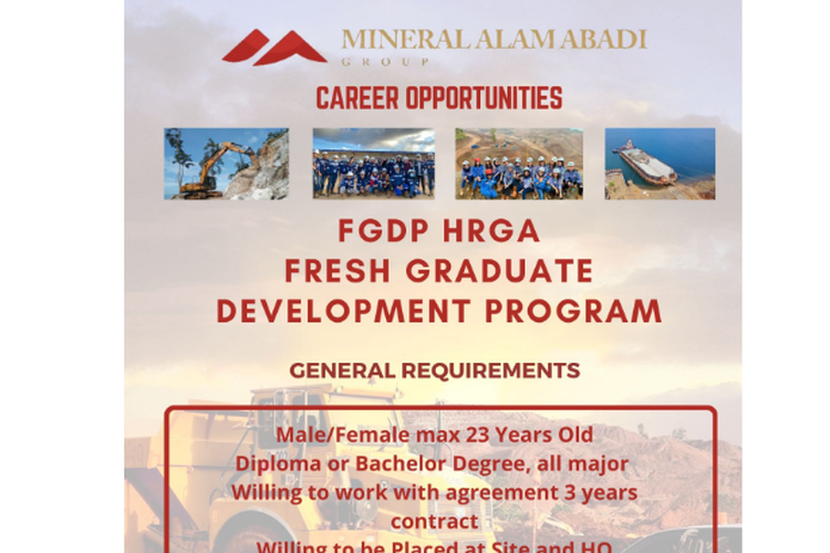 PT Mineral Alam Abadi membuka lowongan kerja Fresh Graduate Development Program bagi lulusan D3-S1.