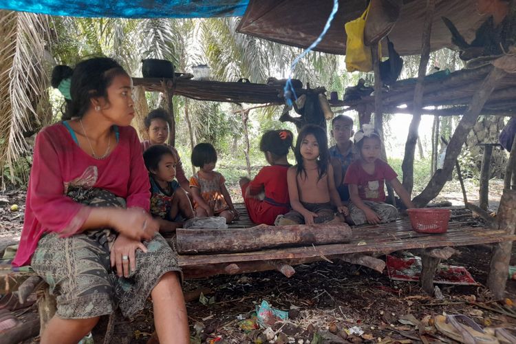Beberapa anak penyintas tuberkulosis sedang berada di Sudong atau rumah beratap terpal dengan lantai dari kayu gelondongan di kebun sawit di Desa Rejosari, Kecamatan Pamenang, Kabupaten Merangin, Jambi