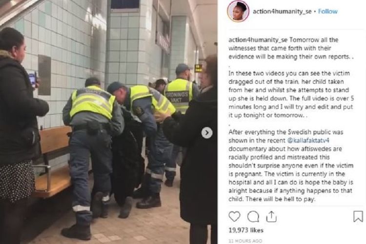 Bloger ternama Swedia, Lovette Jallow mengecam aksi berlebihan petugas keamanan stasiun kereta bawah tanah terhadap seorang perempuan yang tengah hamil.