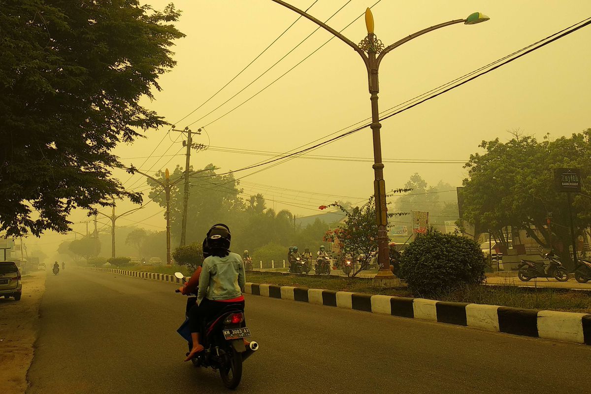 Kabut asap menyelimuti sekitar kawasan jalan G Obos, Kota Palangkaraya, Kalimantan Tengah,  Selasa (17/9/2019).