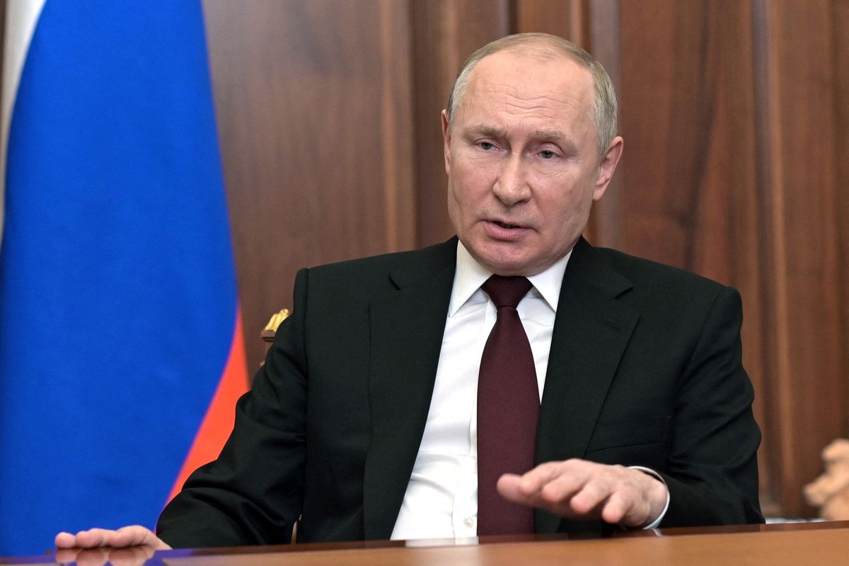 Presiden Rusia Vladimir Putin saat berpidato di Kremlin, Moskwa, Senin (21/2/2022).