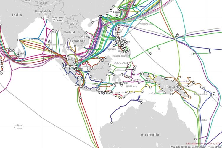 Ilustrasi sistem jaringan kabel bawah laut yang melintasi Indonesia.