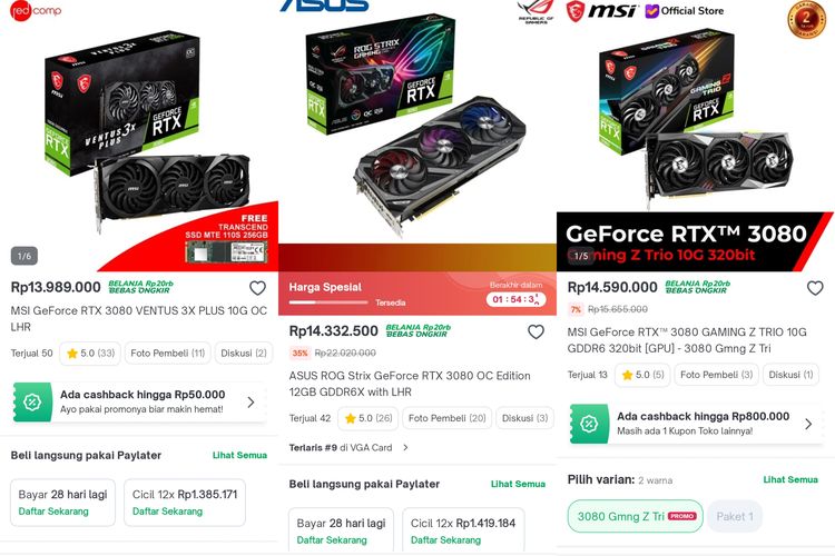 Harga VGA Nvidia GeForce RTX 3080 di suatu marketplace di Indonesia Agustus 2022.