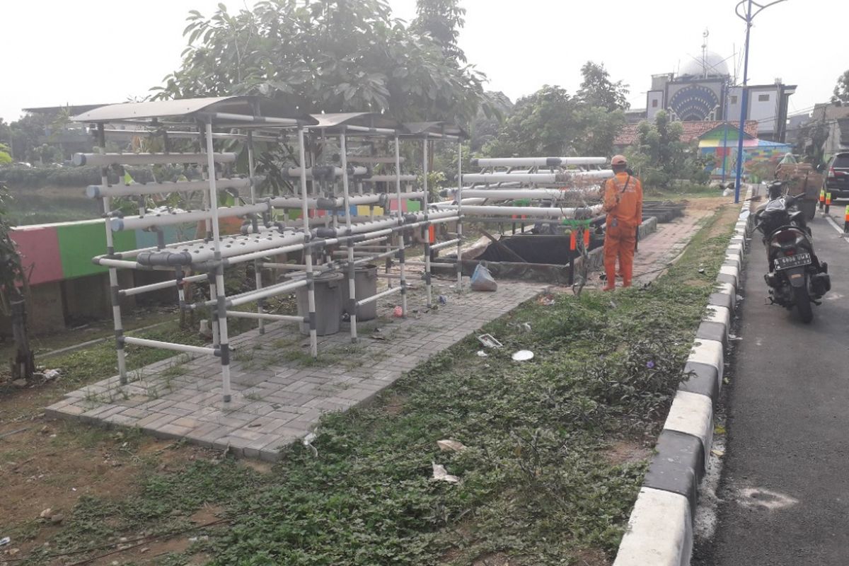 Lahan di pinggir Waduk Rawa Badak, Jakarta Utara, yang dimanfaatkan sebagai area urban farming, Selasa (10/7/2018).