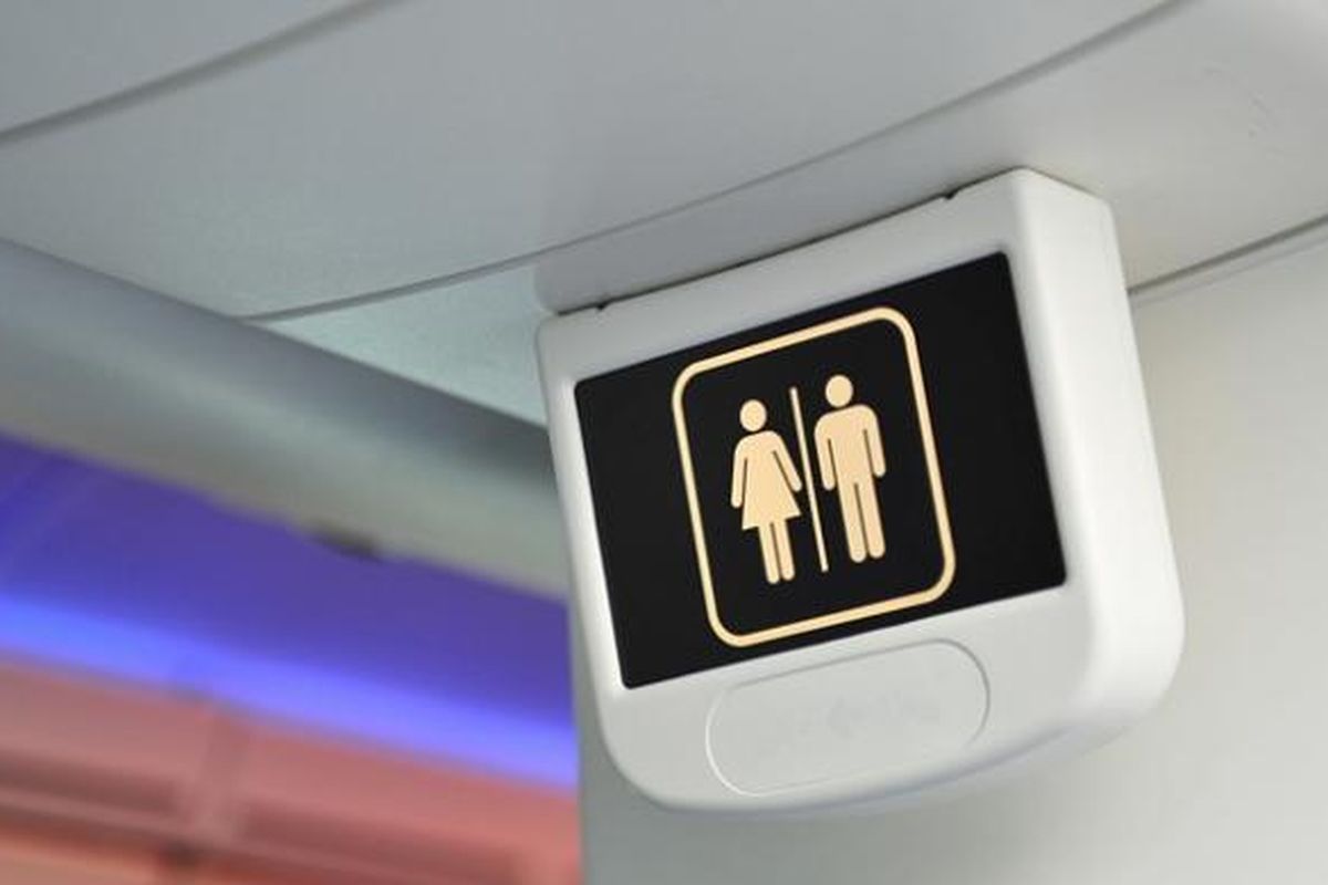 Ilustrasi toilet di dalam pesawat terbang.