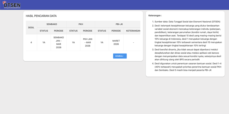 Tangkapan layar hasil pencarian cek bansos di laman resmi cekbansos.kemensos.go.id. Cara cek PKH 2026. Cara cek penerima PKH 2026.