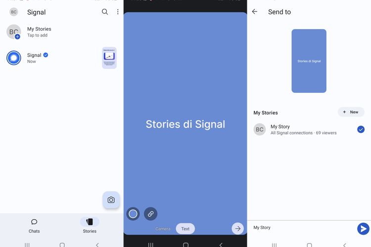 Ilustrasi fitur Stories di Signal.