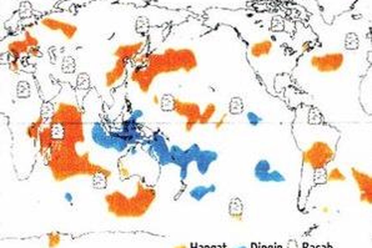 Indian Ocean Dipole Mode (IOD) Positif terjadi ketika suhu muka laut mendingin (warna biru) di wilayah perairan nusantara/Indonesia. Sedangkan perairan barat Afrika menghangat (warna merah) dan diselmuti awan.