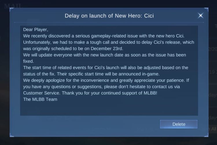Ilustrasi informasi Moonton terkait delay hero Cici di Mobile Legends.