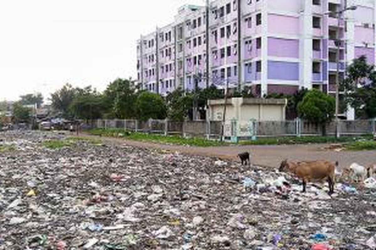 Hamparan sampah seluas lebih dari 500 meter persegi terlihat di samping Rumah Susun Sederhana Sewa Pinus Elok, Cakung, Jakarta Timur, Kamis (5/2). Hamparan sampah itu telah berusia 16 tahun dan tak pernah diangkut. Baru pada awal Januari separuh timbunan sampah itu diangkut setiap hari oleh Suku Dinas Kebersihan Jakarta Timur.