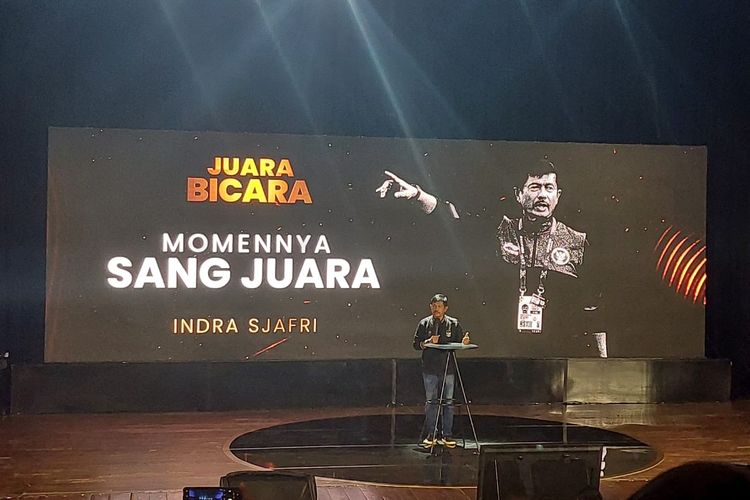 Indra Sjafri saat mengisi acara Juara Bicara dalam rangkaian Jebreeetmedia Awards 2023 di Usmar Ismail Hall, Jakarta, Rabu (19/7/2023). 