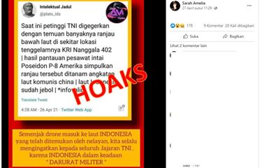 Tangkapan layar unggahan hoaks berisi narasi adanya ranjau di sekitar lokasi tenggelamnya KRI Nanggala-402