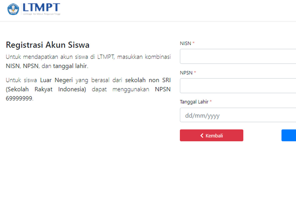 Tangkapan layar halaman depan registrasi akun LTMPT siswa.