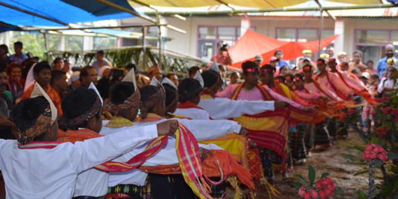 Siswa dan siswi Sekolah Dasar Inpres Nunur, Desa Mbengan, Kecamatan Kota Komba, Kabupaten Manggarai Timur, Flores, NTT, Selasa (1/8/2017) menari Umbiro sebelum puncak tradisi Umbiro dengan menarik tali. 