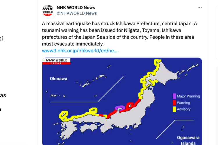 Peringatan tsunami muncul setelah Jepang diguncang gempa dengan magnitudo 7,4 pada Senin (1/1/2024). 