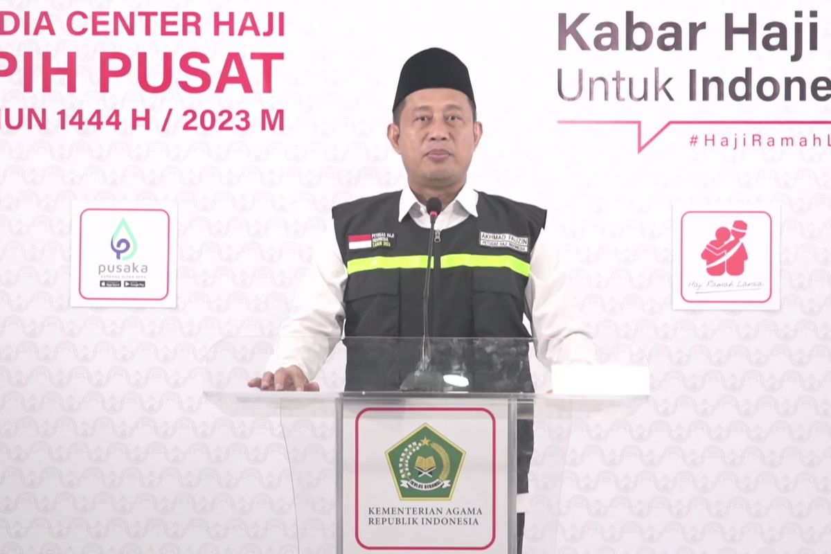 Kepala Biro Humas Data dan Informasi Kementerian Agama Akhmad Faizin dalam konferensi pers di Asrama Haji Pondok Gede, Jakarta Timur, Selasa (23/5/2023).